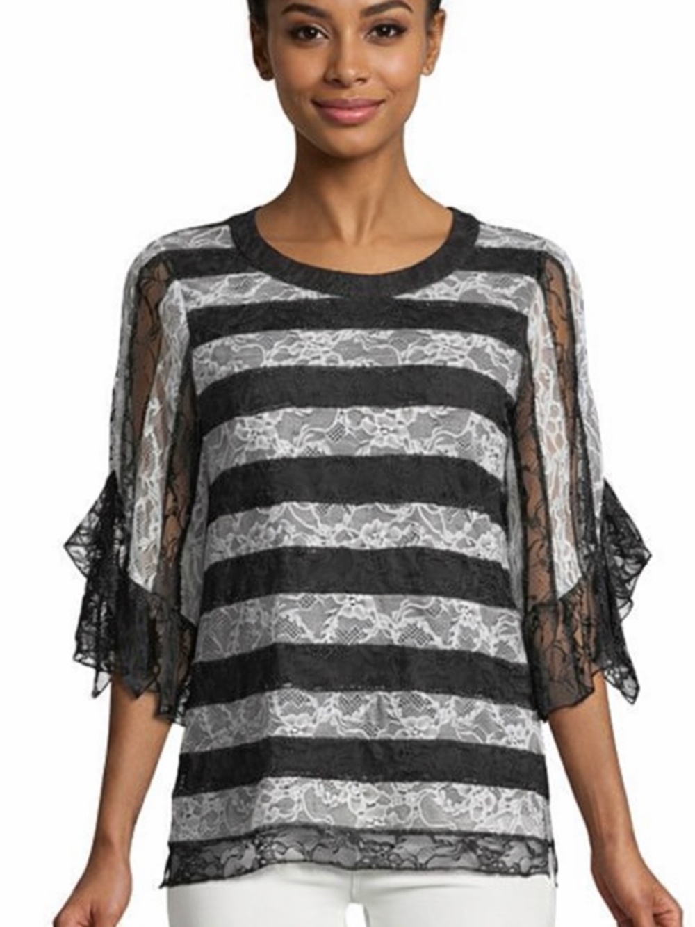 Kobi Halperin Opal Lace Blouse Crewneck Striped Sheer Feminine Size XS